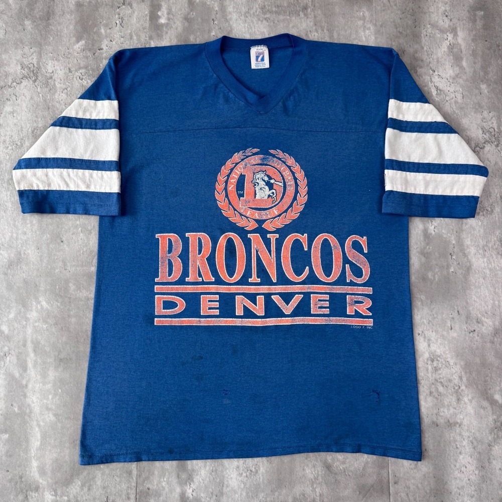 Vintage Denver Broncos T-Shirt Mens M Blue Logo 7 NFL Football Jersey USA 90s